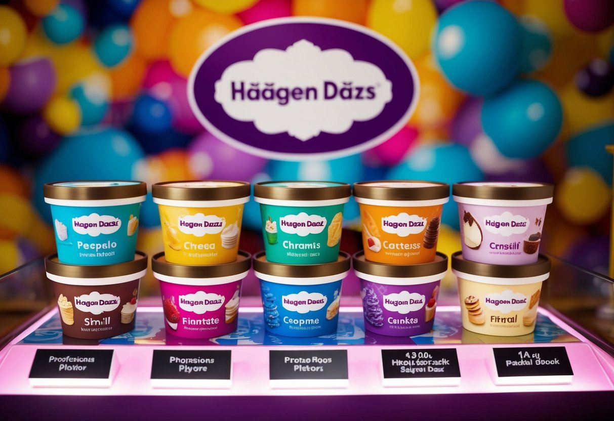 A display of Haagen Dazs promotions with various flavors and products showcased on a vibrant and inviting backdrop