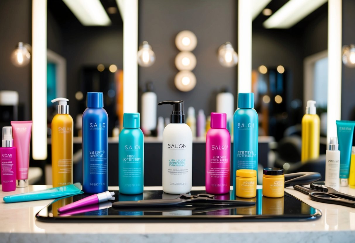 A salon chair surrounded by colorful bottles and tubes of hair treatment products, with a stylist's tools laid out neatly on a counter