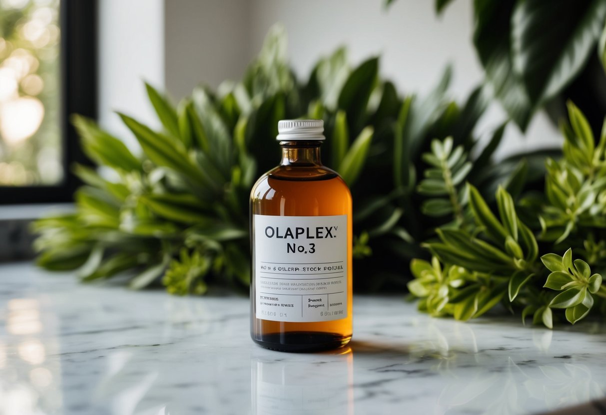 A bottle of Olaplex No.3 sits on a marble countertop, surrounded by lush greenery and soft, natural lighting