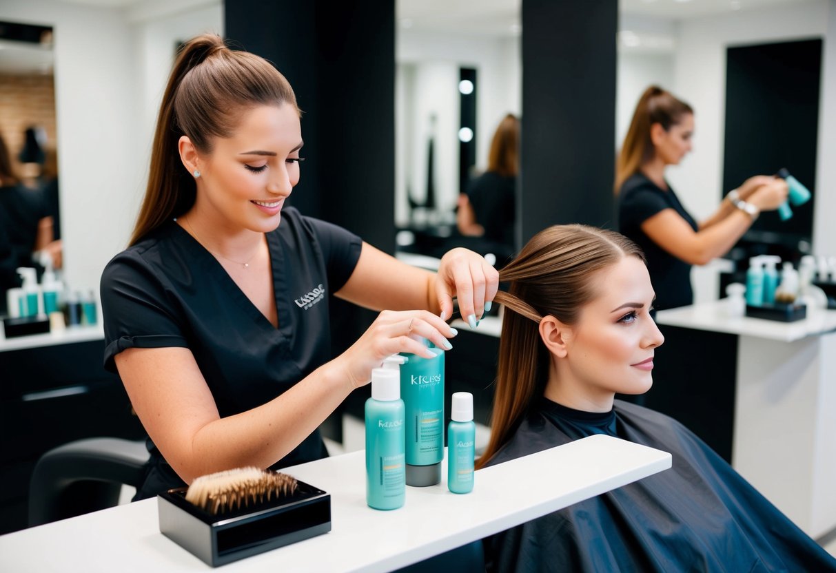 A salon setting with Kérastase Fusio-Dose product display and hairstylist performing treatment on a client's hair