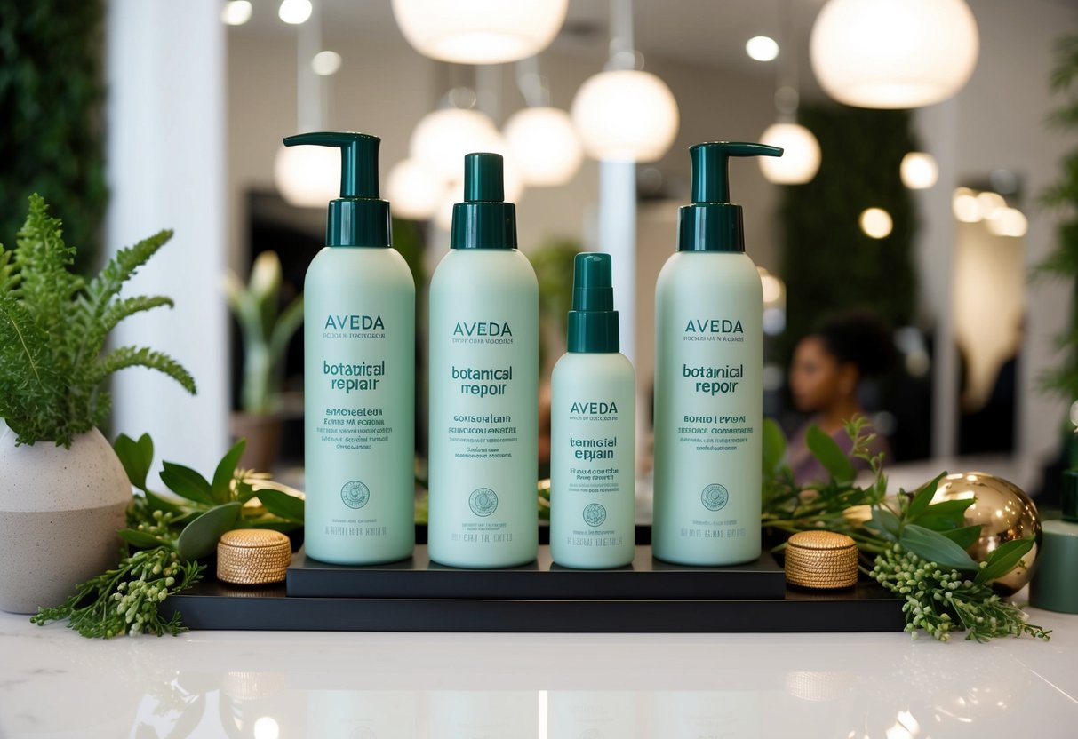 A salon display showcasing Aveda Botanical Repair products with lush greenery and natural elements