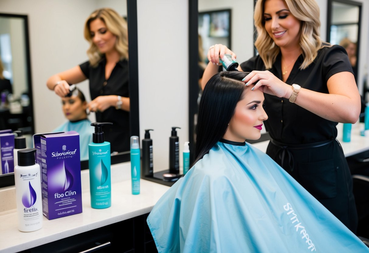 A salon chair with a client's hair being treated with Schwarzkopf Fibre Clinix products. A stylist is applying the treatment while promotional materials are displayed nearby