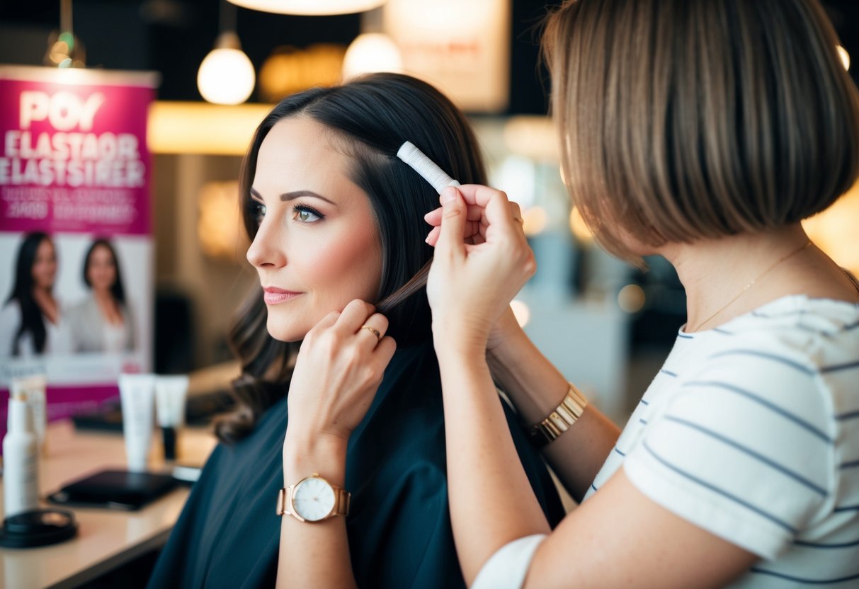 A woman applies Elasticizer to her hair while a promotional banner hangs in the background