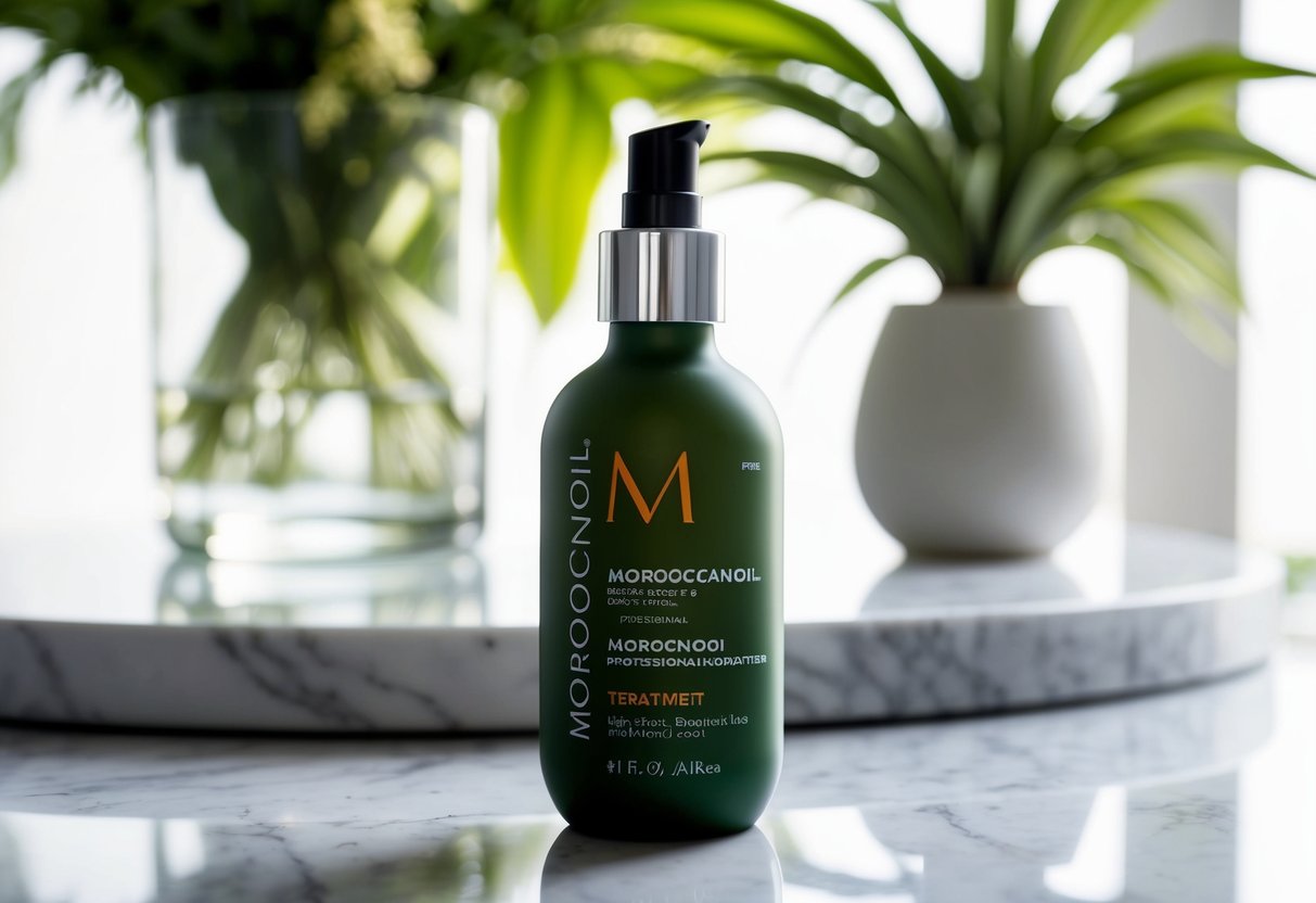 A sleek bottle of Moroccanoil Treatment sits on a marble countertop, surrounded by lush greenery and soft, natural lighting
