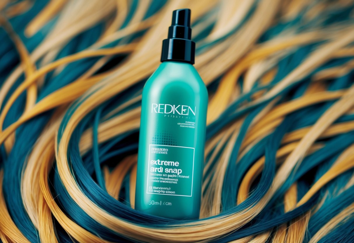 A bottle of Redken Extreme Anti-Snap hair treatment surrounded by vibrant, healthy-looking hair strands