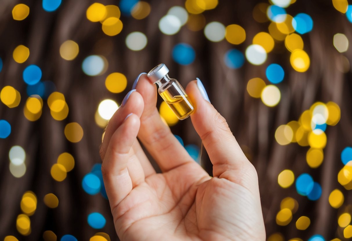 A woman's hand holding a small ampoule surrounded by vibrant, healthy-looking hair strands