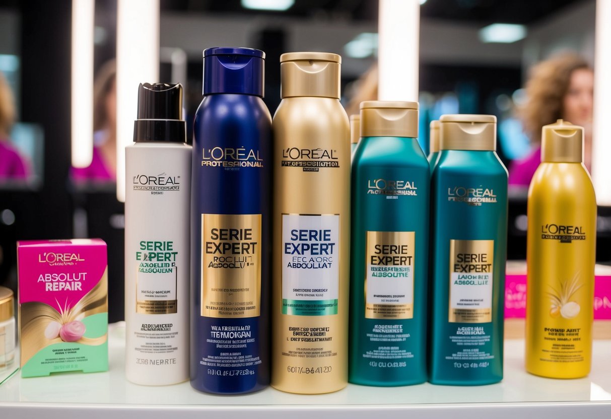 A salon display featuring L'Oréal Professionnel Serie Expert Absolut Repair hair treatment products with promotional signage and vibrant packaging