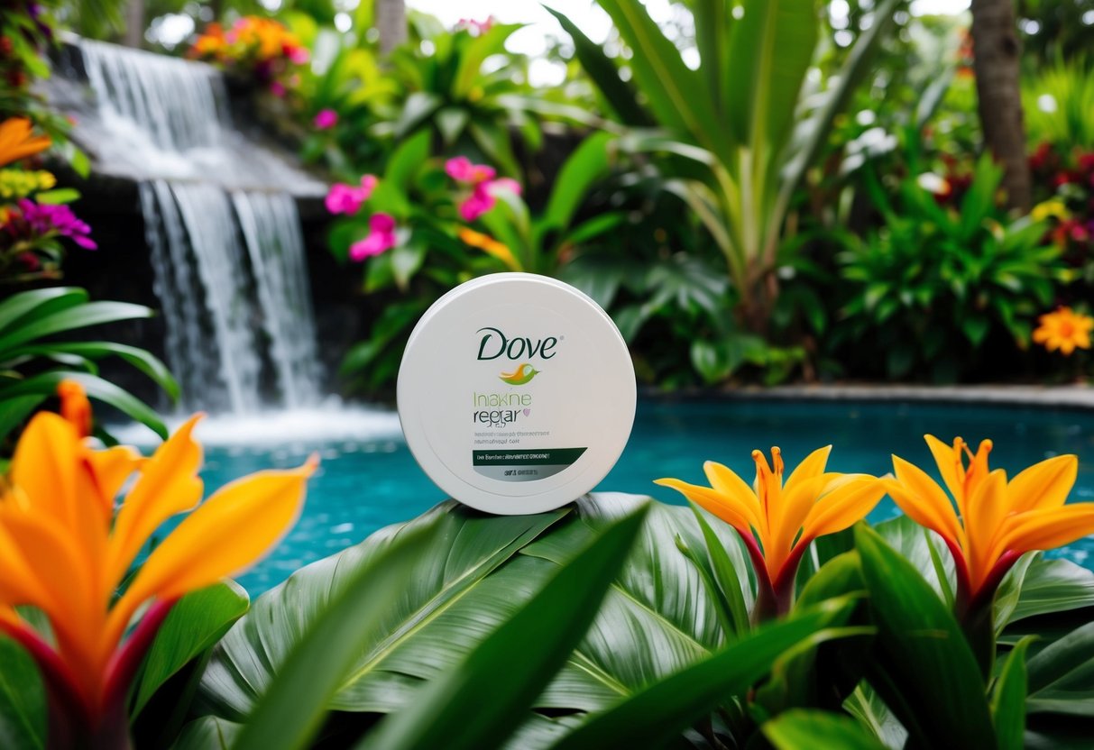 A lush, tropical garden with vibrant flowers and a waterfall, showcasing the Dove Intensive Repair Deep Treatment Mask