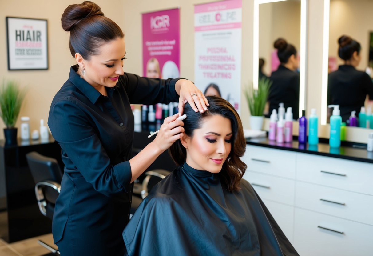 A woman's hair being pampered with nourishing treatments in a salon chair, surrounded by promotional signs and products