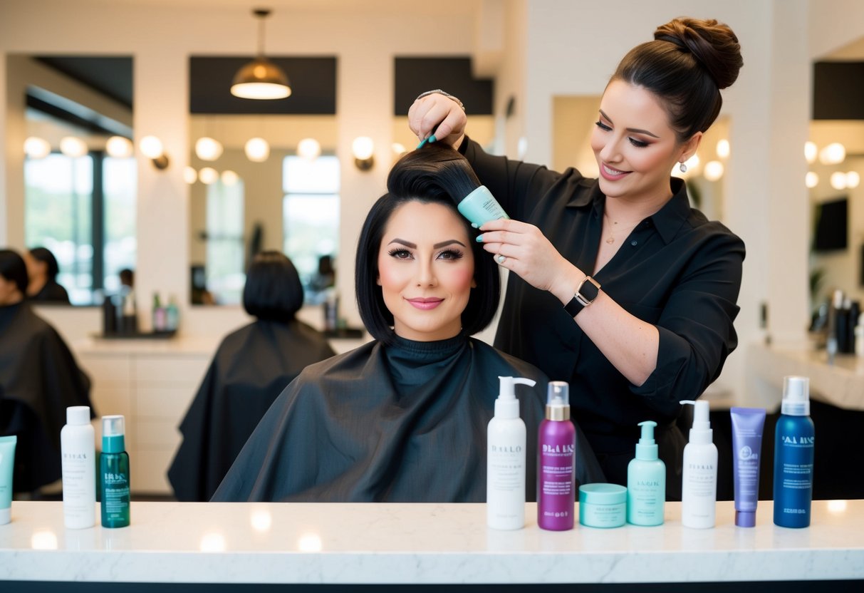 A stylist applying a hair treatment to a client's hair, with various hair treatment products and tools displayed on the salon counter