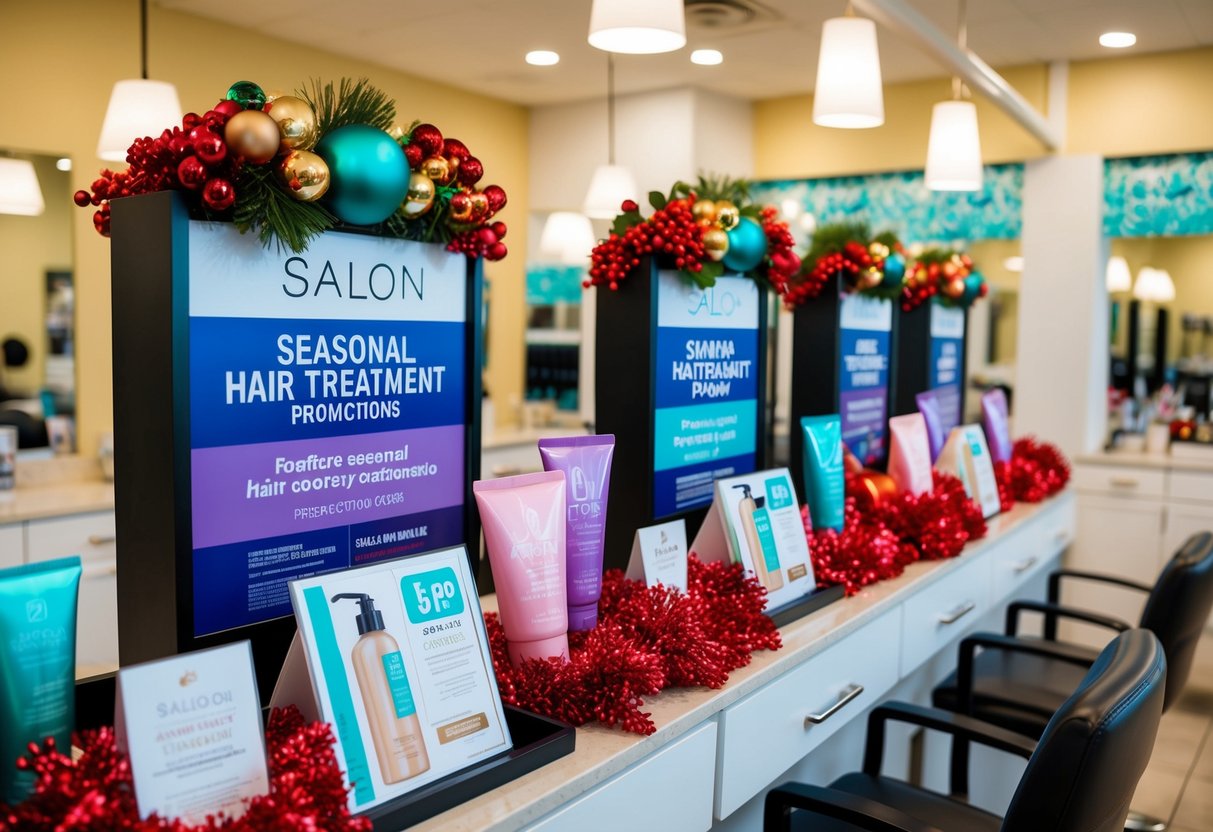 A salon display featuring seasonal hair treatment promotions with vibrant colors and festive decorations