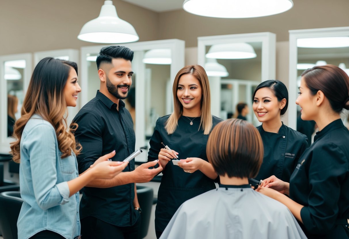 A group of people at a salon, discussing hair treatment promotions with a stylist