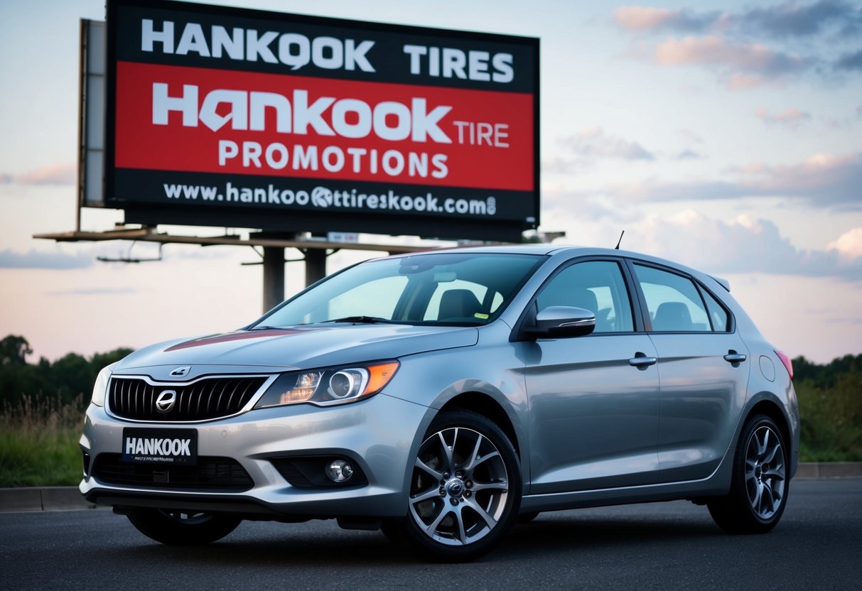 A car with Hankook tires parked in front of a billboard promoting Hankook tire promotions