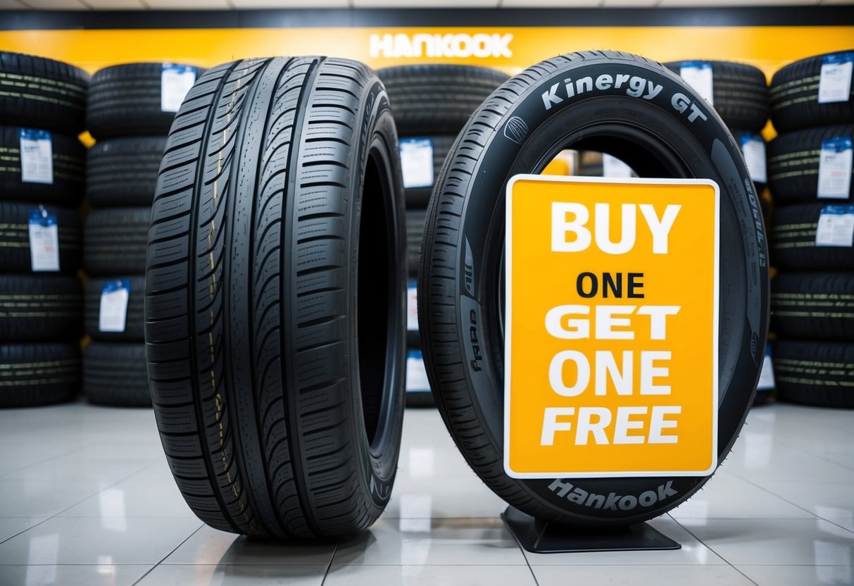 Two Kinergy GT Hankook tires displayed with a large "Buy One Get One Free" sign in a tire shop