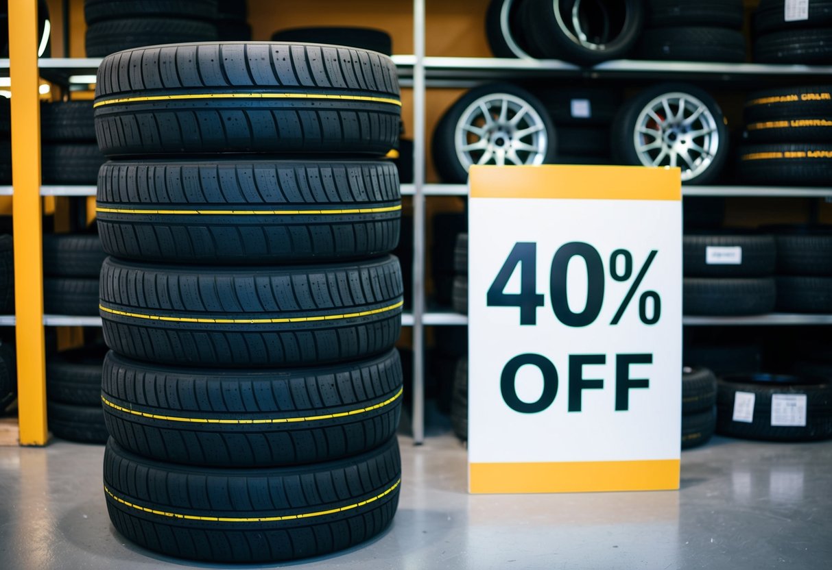 A stack of Ventus V12 evo2 Summer Tyres with a large "40% off" sign next to them