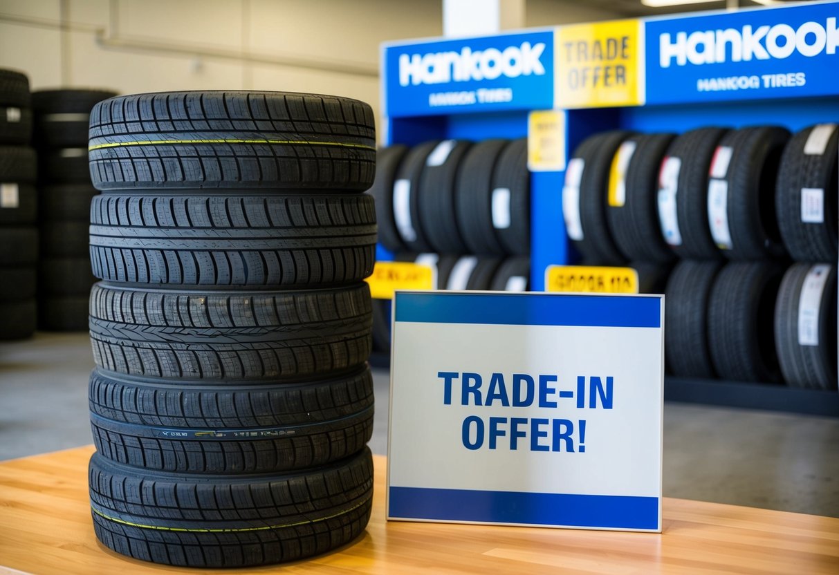 A stack of old, worn-out tires sits next to a vibrant display of new Hankook tires, with a bold "Trade-in Offer" sign