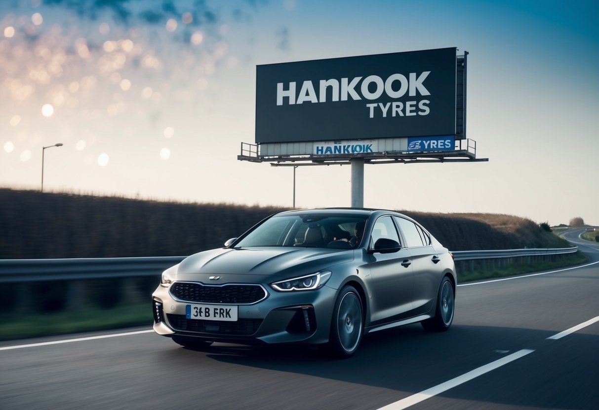 A sleek car driving on a smooth road with a prominent Hankook Tyres billboard in the background