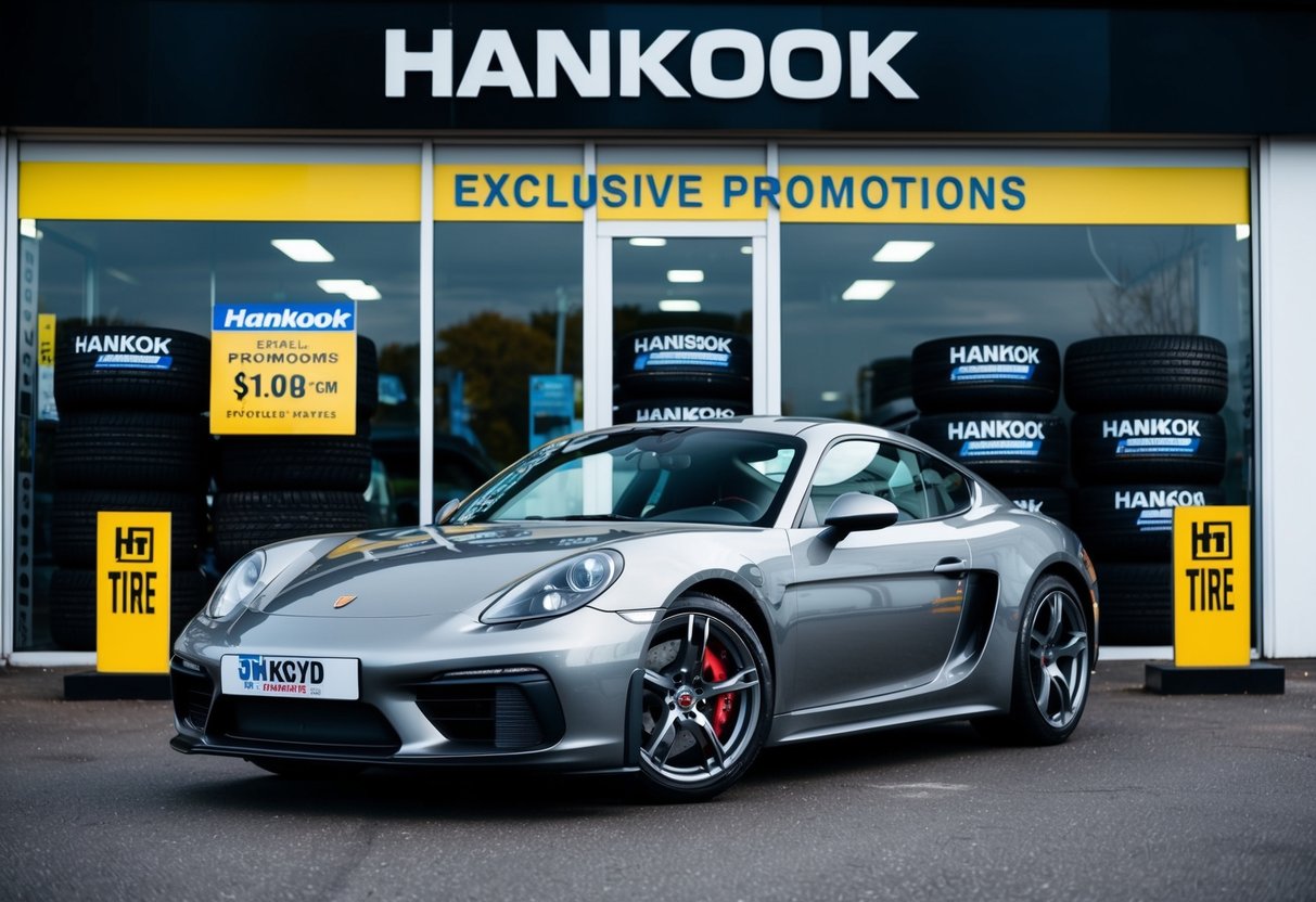 A sleek sports car parked in front of a tire store, with a prominent display of Hankook tires and a sign advertising exclusive promotions