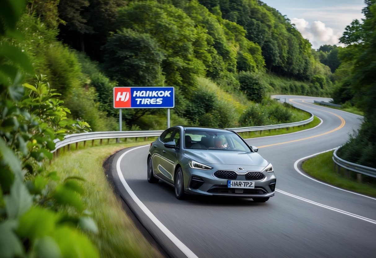 A car driving smoothly on a winding road, surrounded by lush greenery and passing by a sign promoting Hankook tires