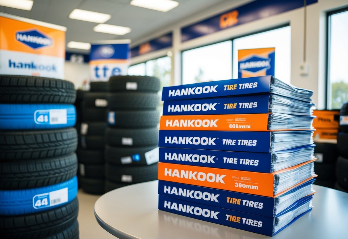 A stack of promotional materials for Hankook tires, including brochures and banners, displayed on a table at a tire dealership