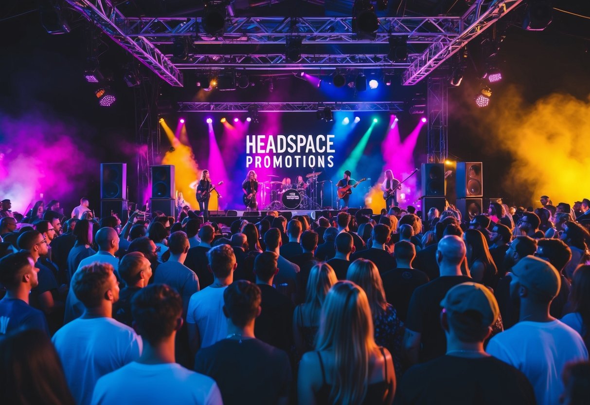 A colorful stage with vibrant lights, speakers, and a crowd of people enjoying a live music performance at a headspace promotions event