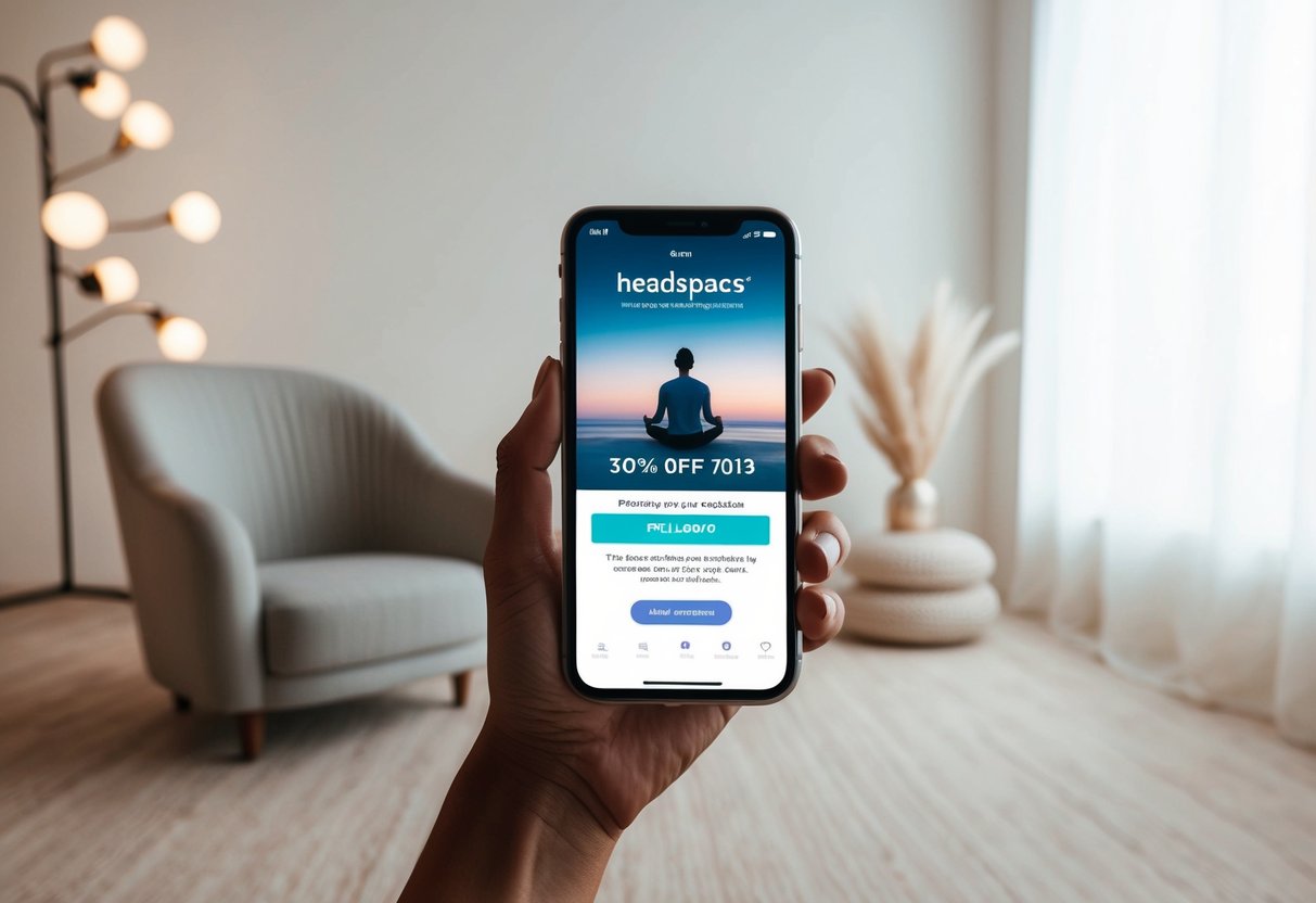 A serene, minimalist room with a cozy armchair, soft lighting, and a smartphone displaying the Headspace app with a discount promotion
