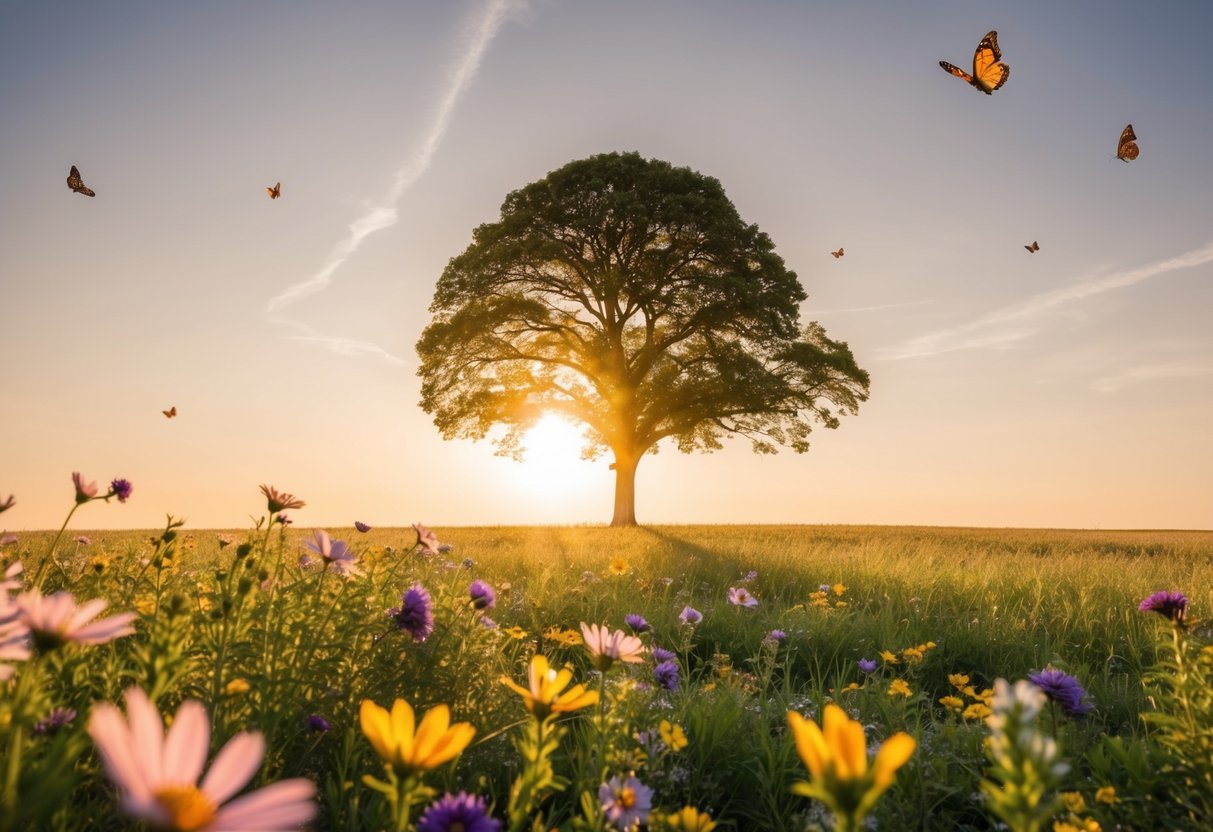 A serene, open field with a lone tree, bathed in warm sunlight, surrounded by colorful flowers and fluttering butterflies