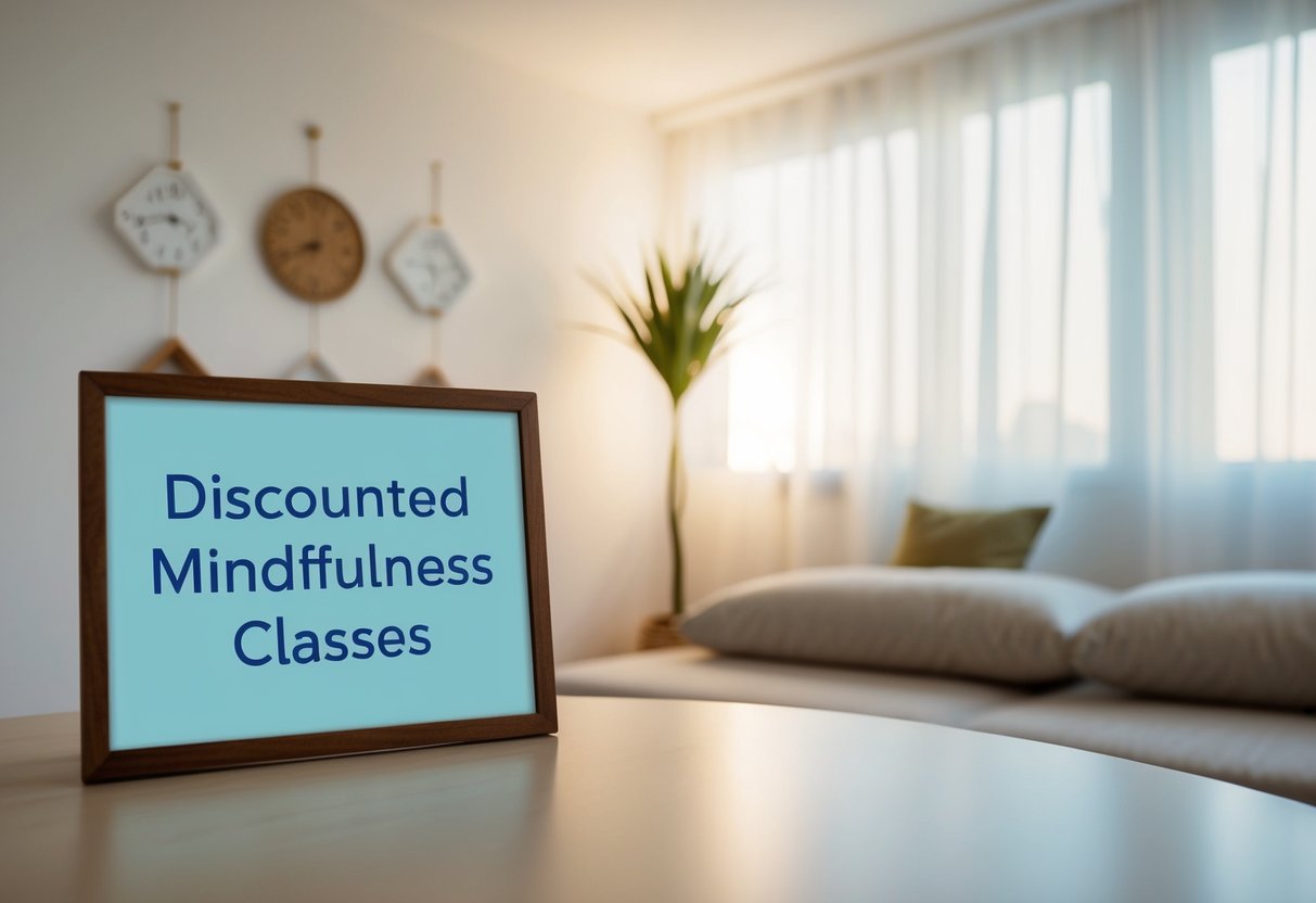 A serene room with soft lighting and calming decor, featuring a sign promoting discounted mindfulness classes