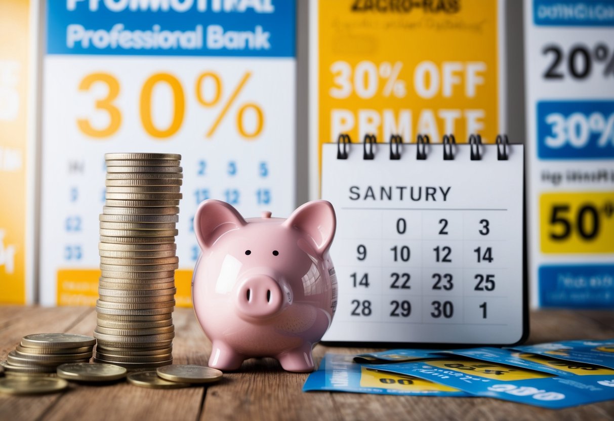 A stack of coins with a piggy bank and a calendar, surrounded by promotional banners and discount stickers