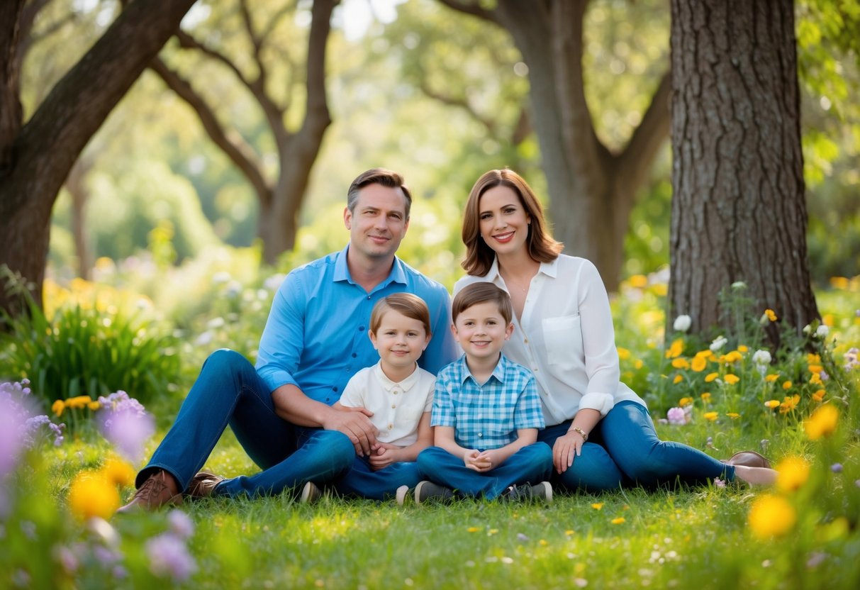 A family of four sitting in a peaceful, nature-filled setting, surrounded by trees and flowers, with a sense of calm and tranquility