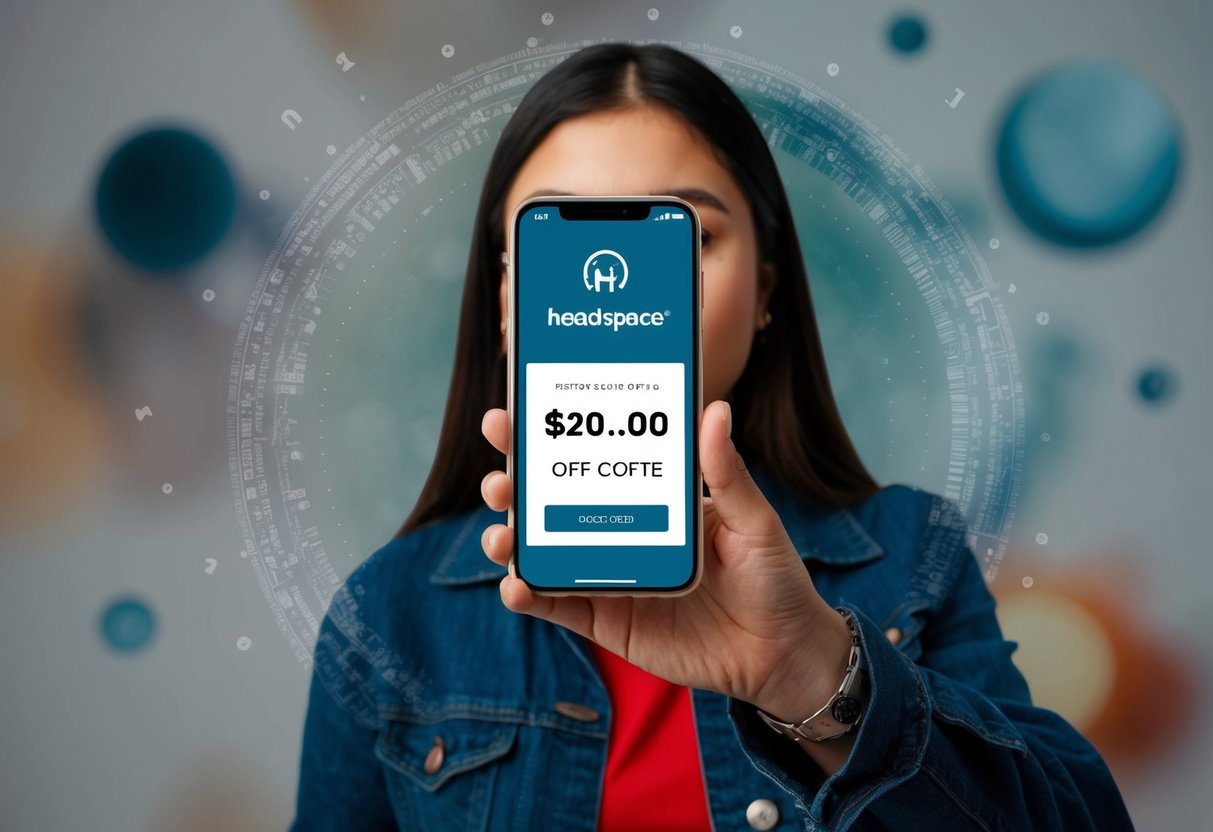 A student holding a smartphone with a discount code displayed, surrounded by calming imagery and the Headspace logo