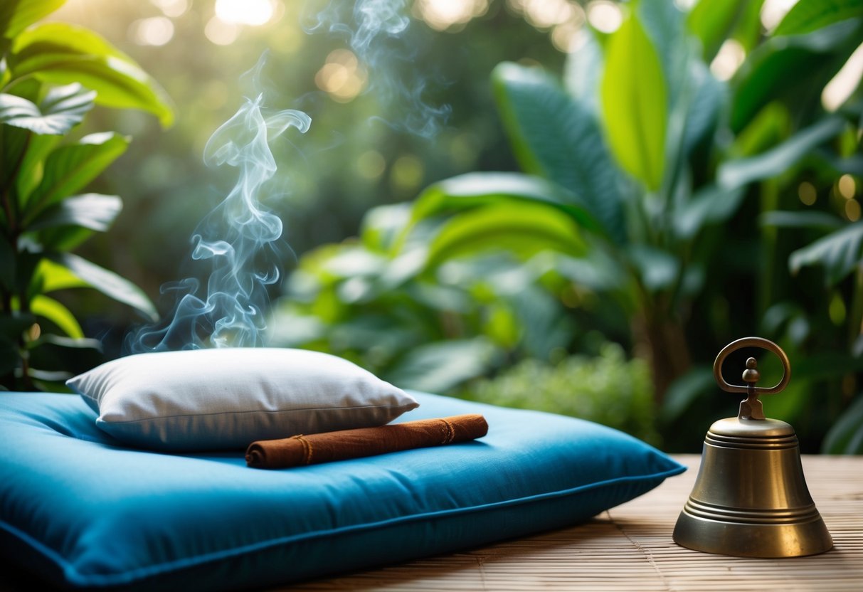A serene outdoor setting with a cushion, incense, and a meditation bell, surrounded by lush greenery and calming natural elements