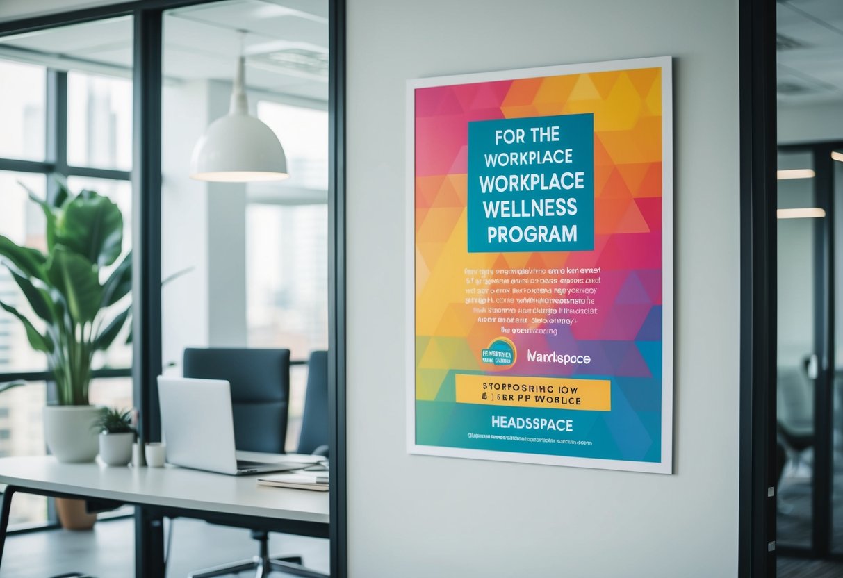 An office with a colorful poster promoting discounts for the workplace wellness program and headspace promotions