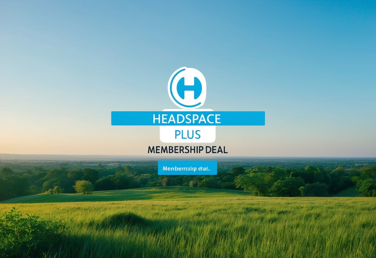 A serene, open landscape with a clear blue sky and lush greenery, with a prominent logo of "Headspace Plus Membership Deal" displayed prominently