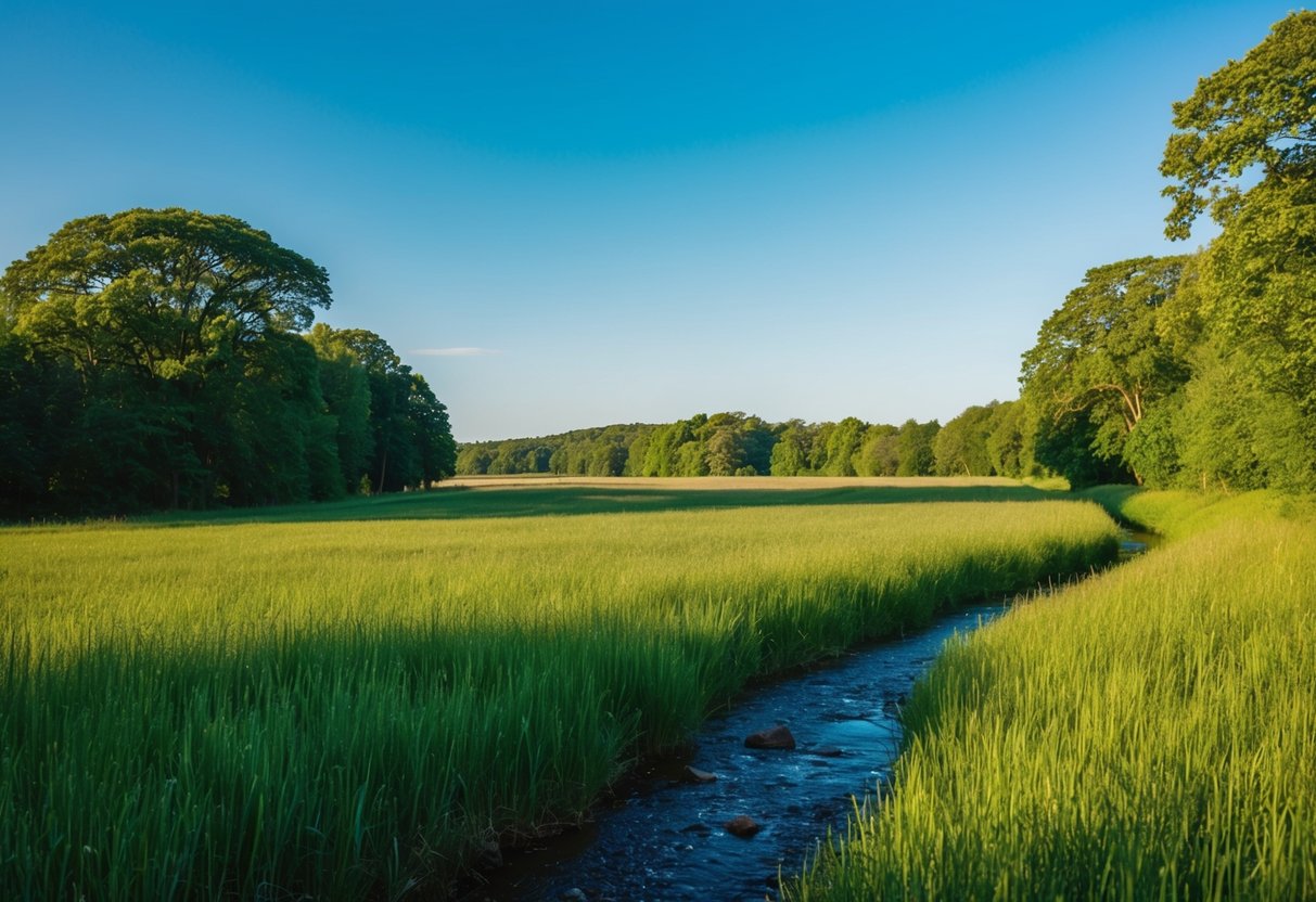 A serene, open field with a clear blue sky, surrounded by lush green trees and a peaceful stream flowing through