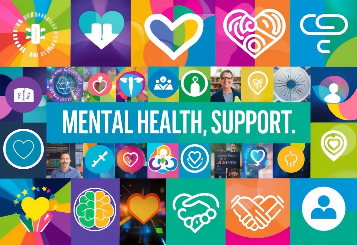 A colorful, dynamic collage of diverse symbols and imagery representing mental health, positivity, and support