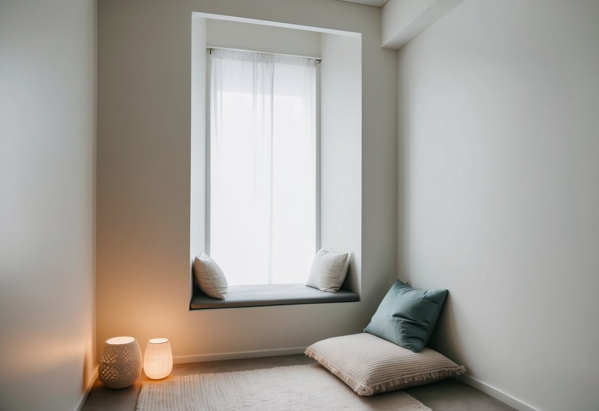 A peaceful, minimalist room with a cozy meditation corner, featuring a cushioned seat, soft lighting, and a serene atmosphere