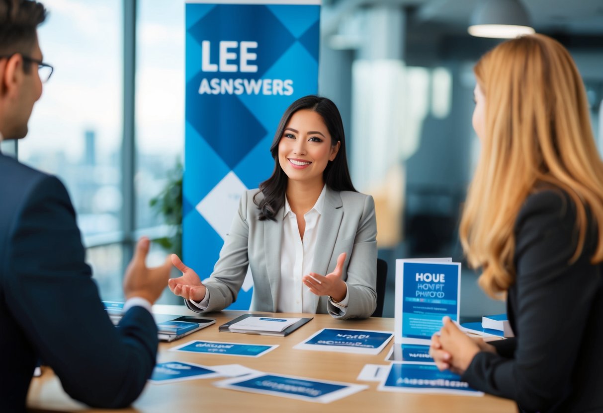 A person at a desk surrounded by promotional materials, answering questions with a friendly smile