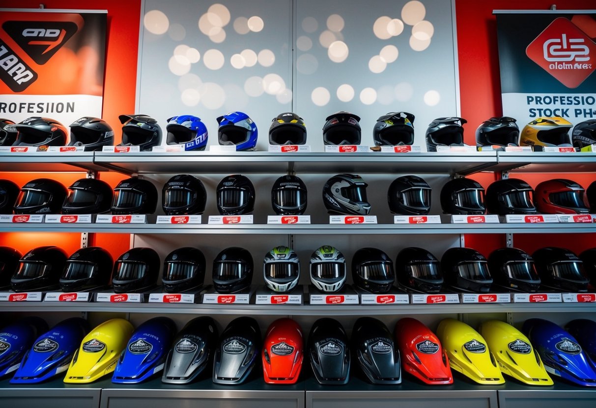 A display of various helmets arranged on shelves with promotional signage and banners surrounding them