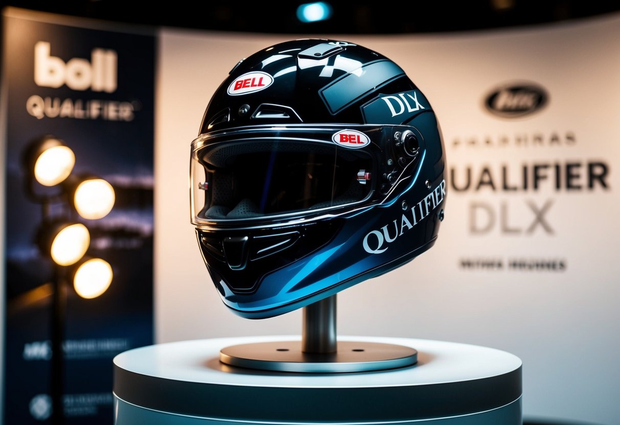 A sleek Bell Qualifier DLX MIPS helmet displayed on a rotating stand with promotional signage and spotlights