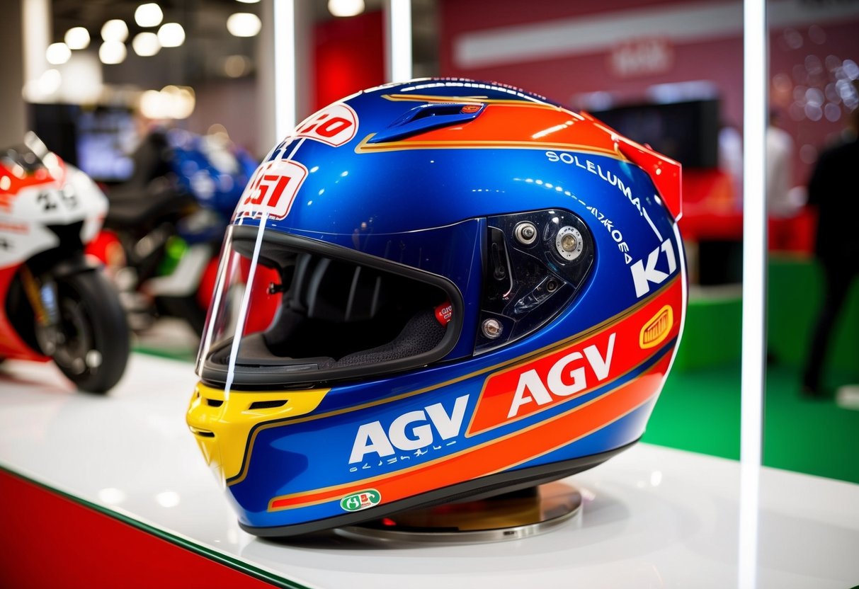 A sleek AGV K1 Soleluna Rossi 2015 helmet displayed in a vibrant promotional setting