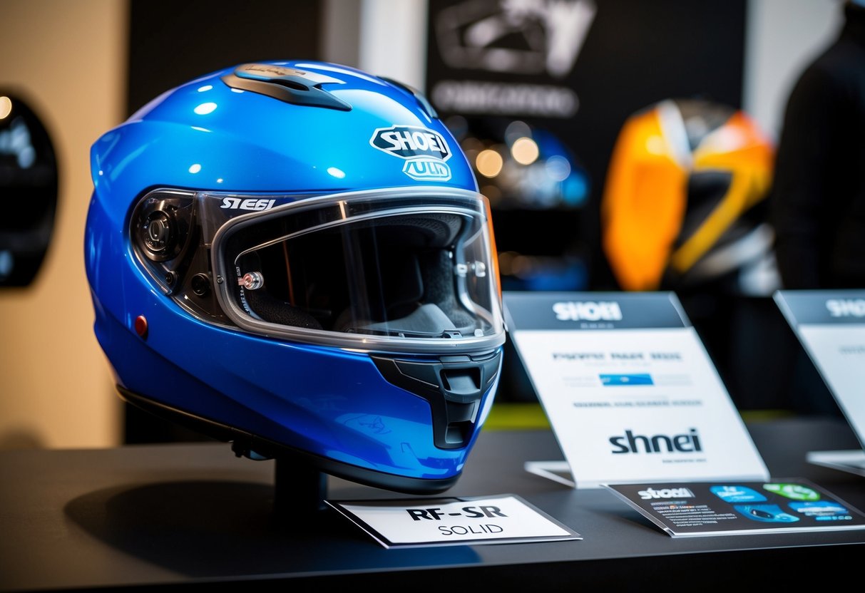 A sleek Shoei RF-SR Solid Helmet on display with promotional materials