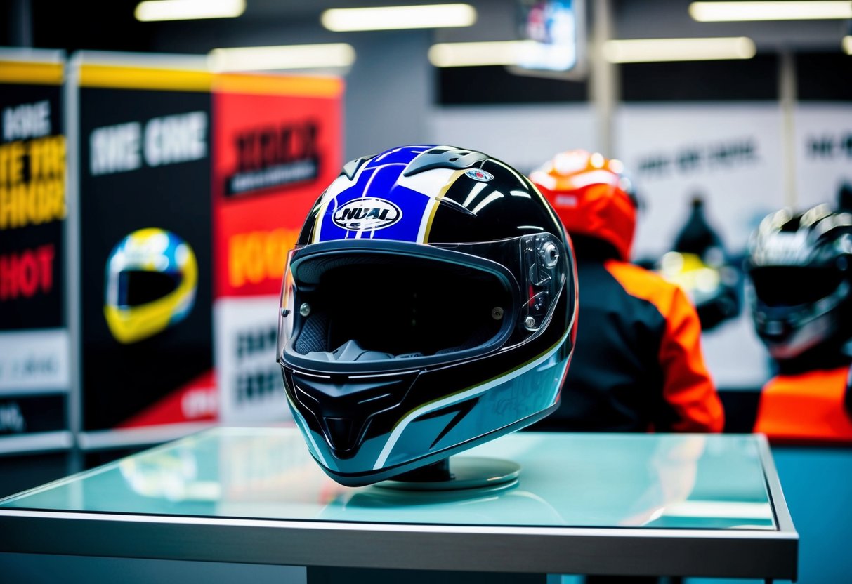 A motorcycle helmet displayed on a sleek stand with promotional posters and banners in the background