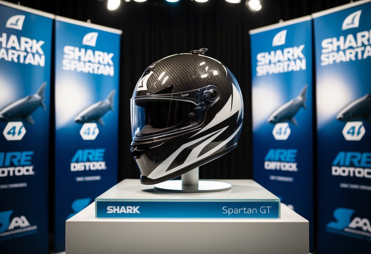 A sleek Shark Spartan GT Carbon Skin helmet displayed on a pedestal with promotional banners and spotlights