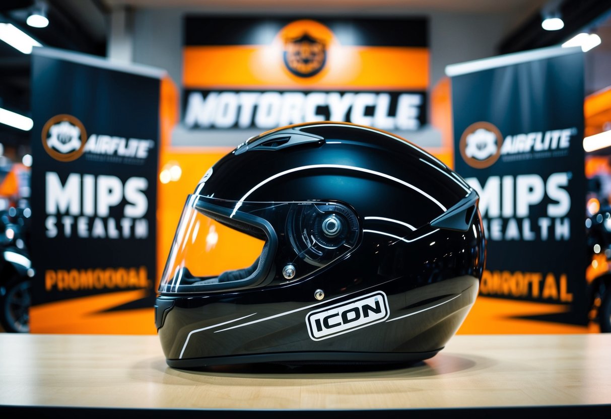A sleek, black ICON Airflite MIPS Stealth helmet displayed with promotional banners and lighting in a motorcycle gear store