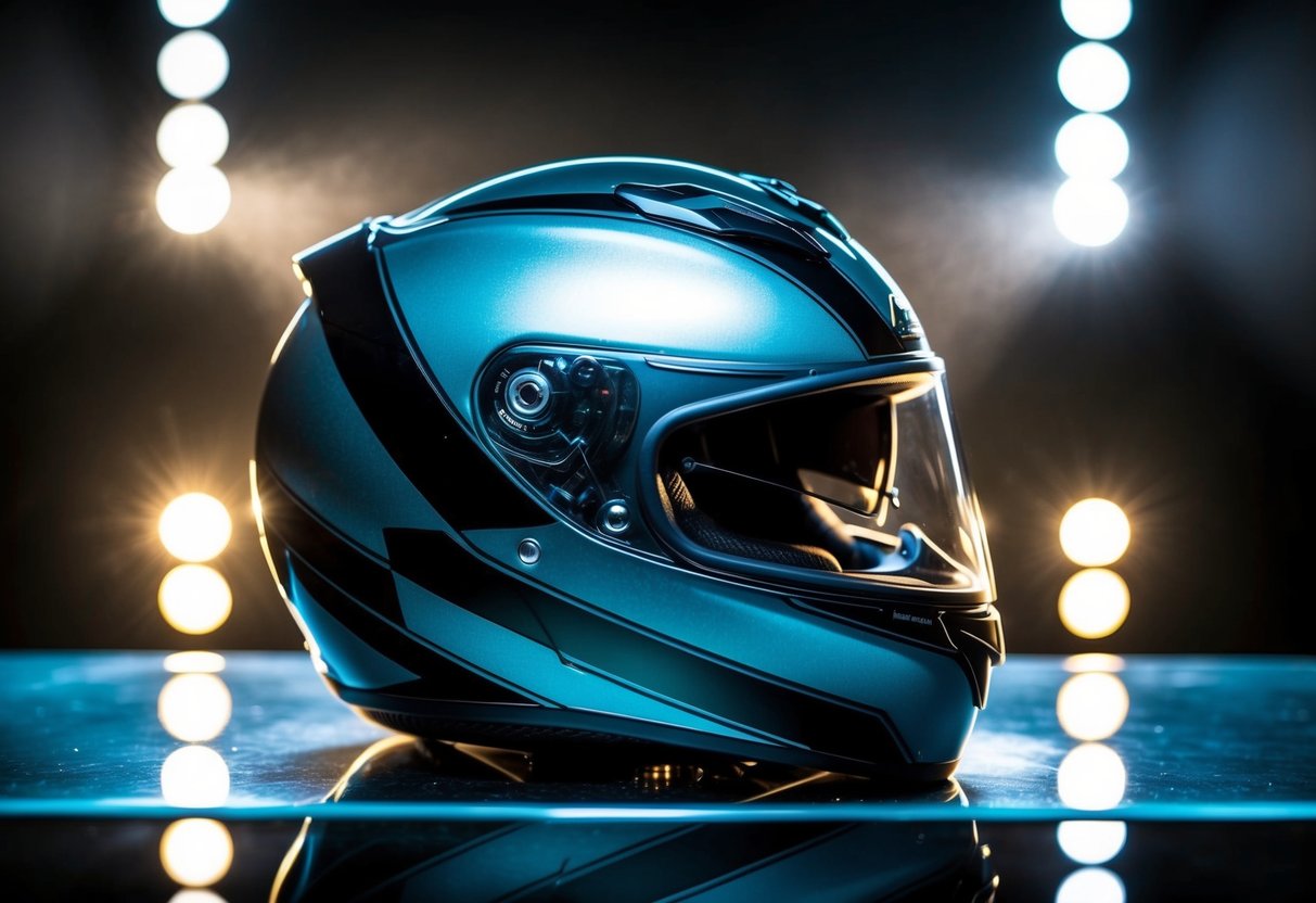 A sleek motorcycle helmet sits atop a reflective surface, surrounded by dramatic lighting and showcasing its aerodynamic design
