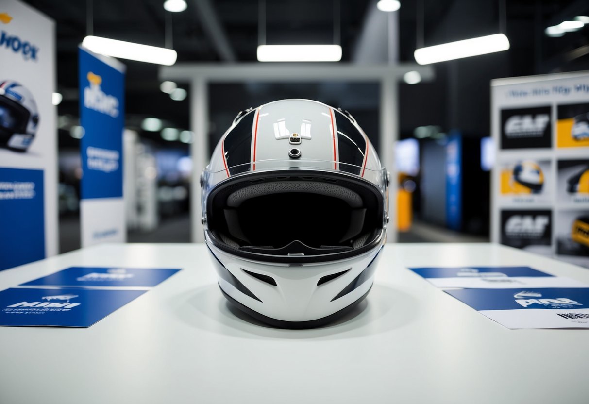 A helmet displayed on a clean, white surface with bright lighting, surrounded by promotional materials and logos