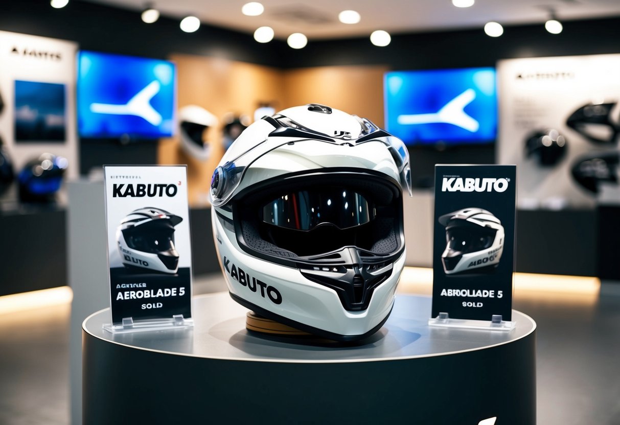 A sleek Kabuto Aeroblade 5 Solid helmet displayed with promotional materials in a well-lit showroom