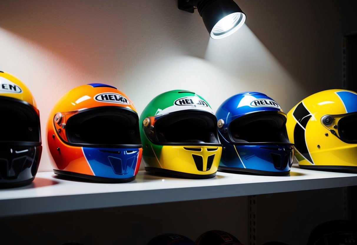 A group of colorful helmets displayed on a shelf, with a spotlight shining on them to highlight their features and designs