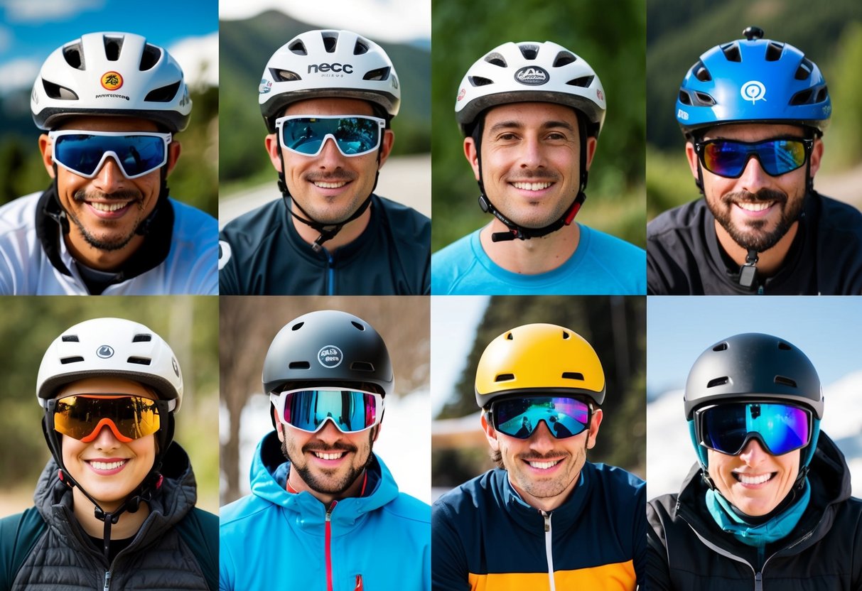 A group of diverse individuals wearing helmets while engaging in various outdoor activities such as cycling, skateboarding, and skiing. The helmets prominently display the promotional logos and branding
